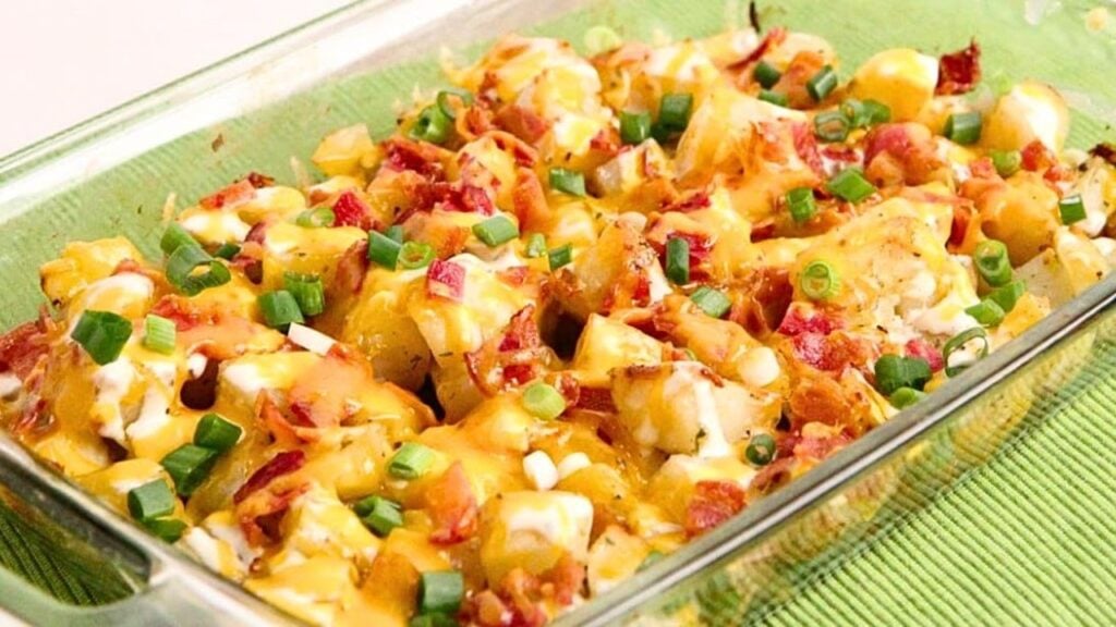 Easy & Cheesy Bacon Ranch Potato Casserole, homemade and freshly served