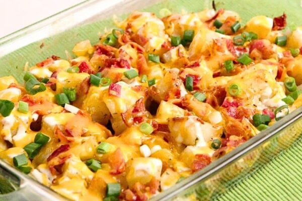 Easy & Cheesy Bacon Ranch Potato Casserole, homemade and freshly served