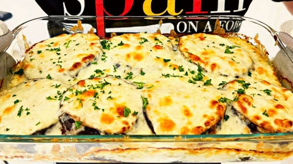 Easy-to-Make Cheesy Eggplant Casserole, homemade and freshly served