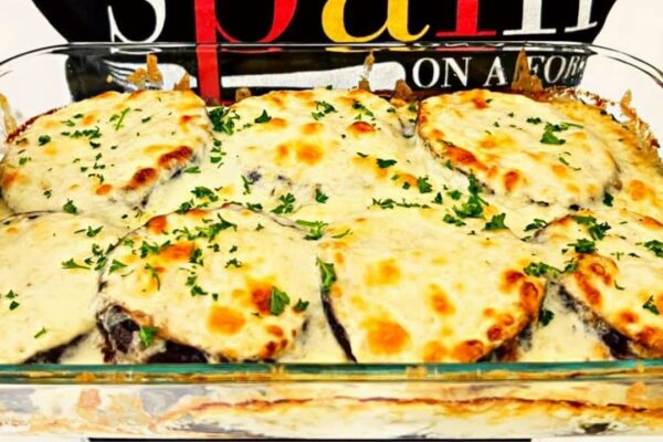 Easy-to-Make Cheesy Eggplant Casserole, homemade and freshly served
