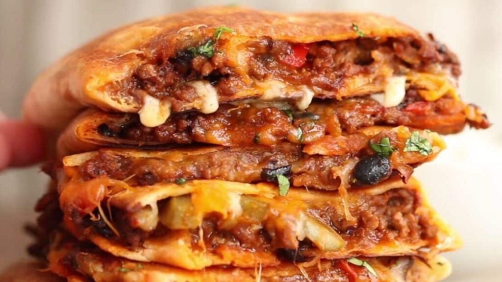 Shareable Cheesy Ground Beef Quesadillas, homemade and freshly served