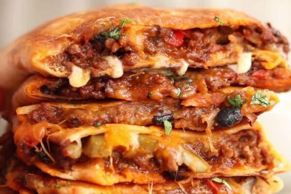 Shareable Cheesy Ground Beef Quesadillas, homemade and freshly served