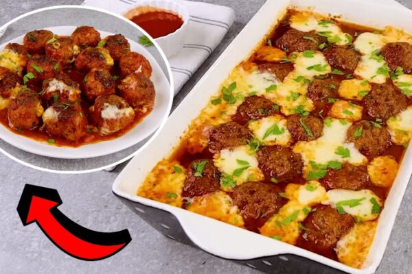 Easy Cheesy Meatball Casserole, homemade and freshly served