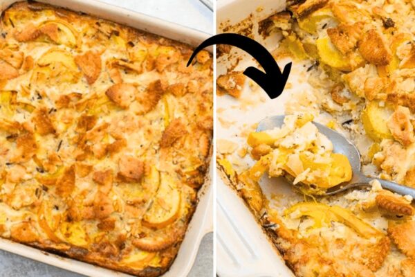 Easy-to-Make Cheesy Summer Squash Casserole, homemade and freshly served