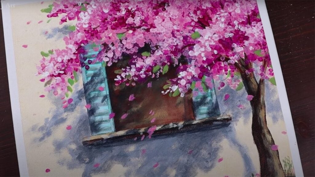 Finished Cherry Blossom House Easy Acrylic Painting for Beginners, a completed DIY project