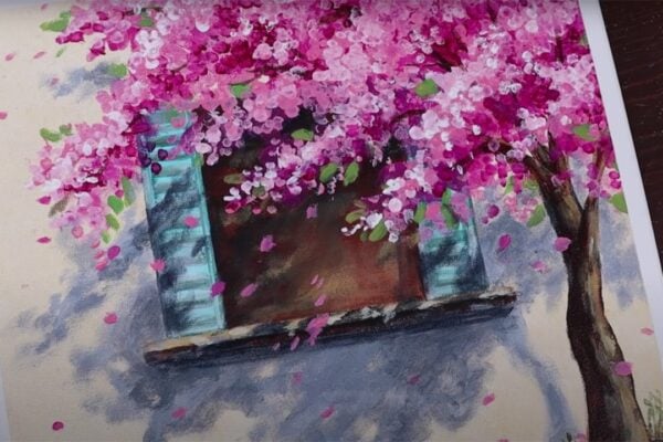 Finished Cherry Blossom House Easy Acrylic Painting for Beginners, a completed DIY project