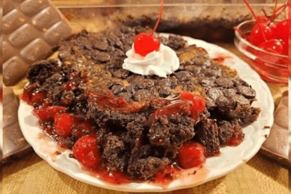 3-Ingredient Cherry Chocolate Dump Cake, homemade and freshly served