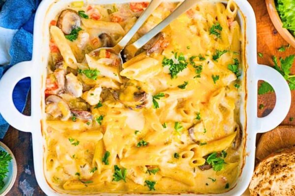Easy Dump-and-Bake Chicken Penne Pasta, homemade and freshly served
