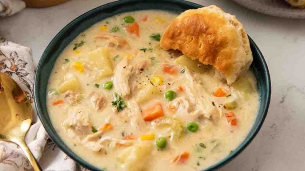 Easy Chicken Pot Pie Soup, homemade and freshly served
