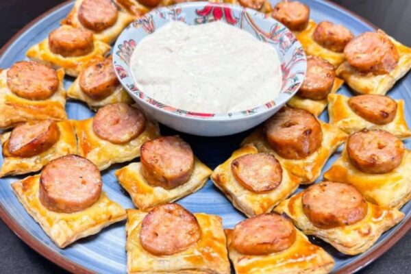 5-Ingredient Chicken Sausage Puffs W/ Creamy Dipping Sauce, homemade and freshly served