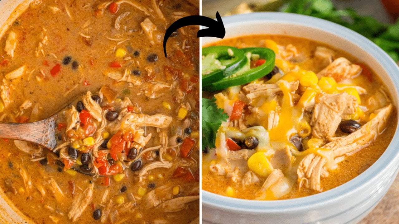 Chicken taco soup with black beans, corn and tomatoes, topped with sour cream and shredded cheese for a fast family dinner
