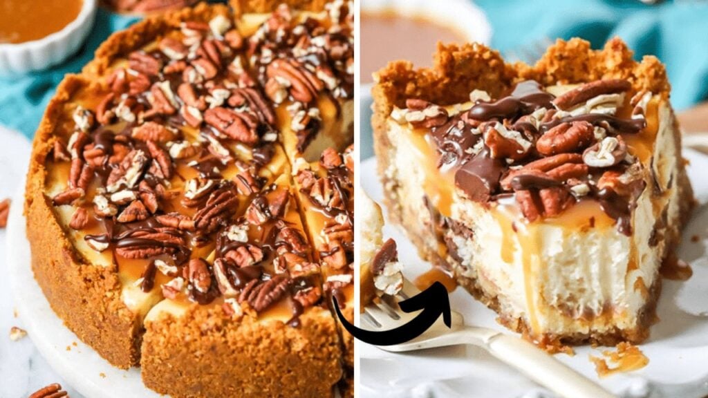 Easy Chocolate & Caramel Turtle Cheesecake, homemade and freshly served