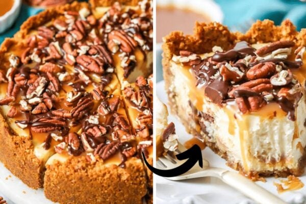 Easy Chocolate & Caramel Turtle Cheesecake, homemade and freshly served