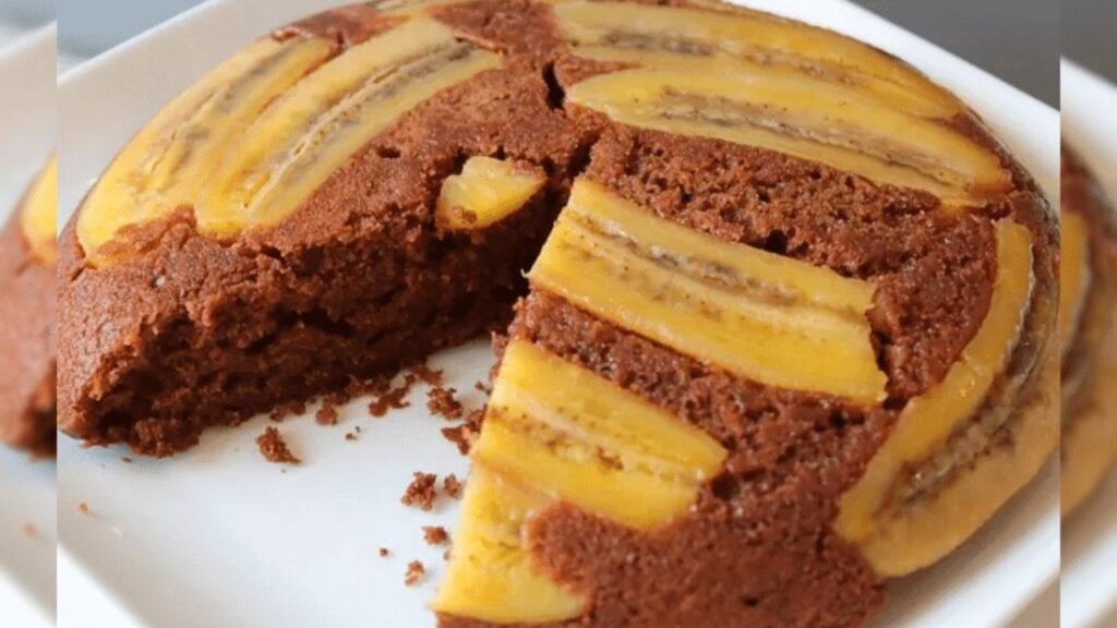 Easy Chocolate Banana Upside-Down Cake, homemade and freshly served