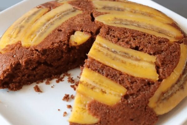 Easy Chocolate Banana Upside-Down Cake, homemade and freshly served