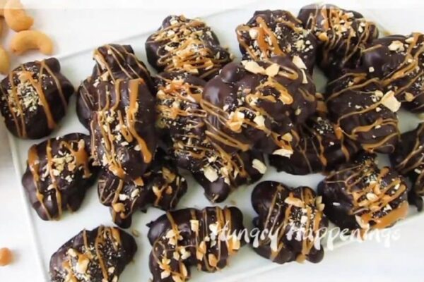 Easy 5-Ingredient Chocolate Caramel Clusters, homemade and freshly served