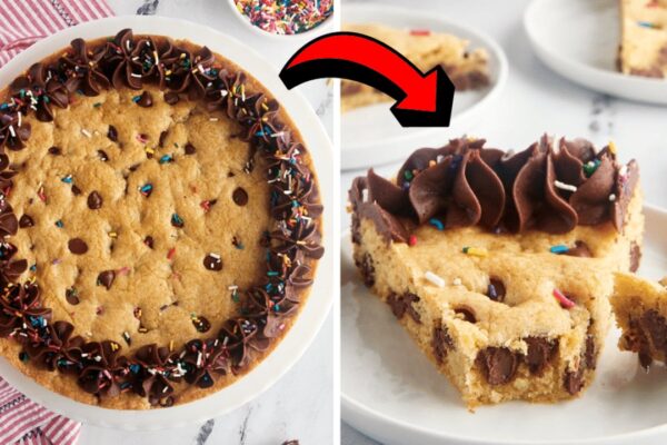Easy Chocolate Chip Cookie Cake, homemade and freshly served