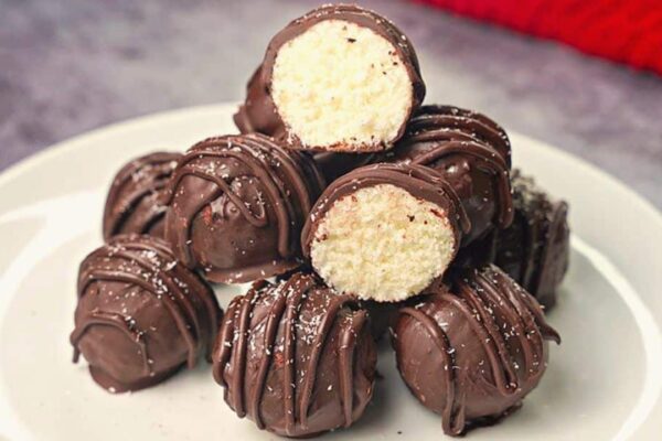 Easy 3-Ingredient Chocolate Coconut Balls, homemade and freshly served