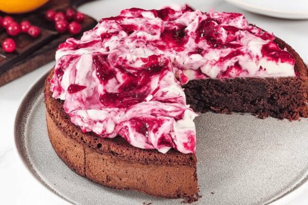 Easy Chocolate Cranberry Cake, homemade and freshly served