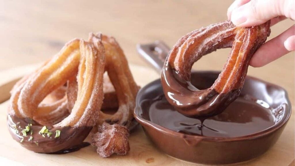 Easy Chocolate Dipped Churros, homemade and freshly served