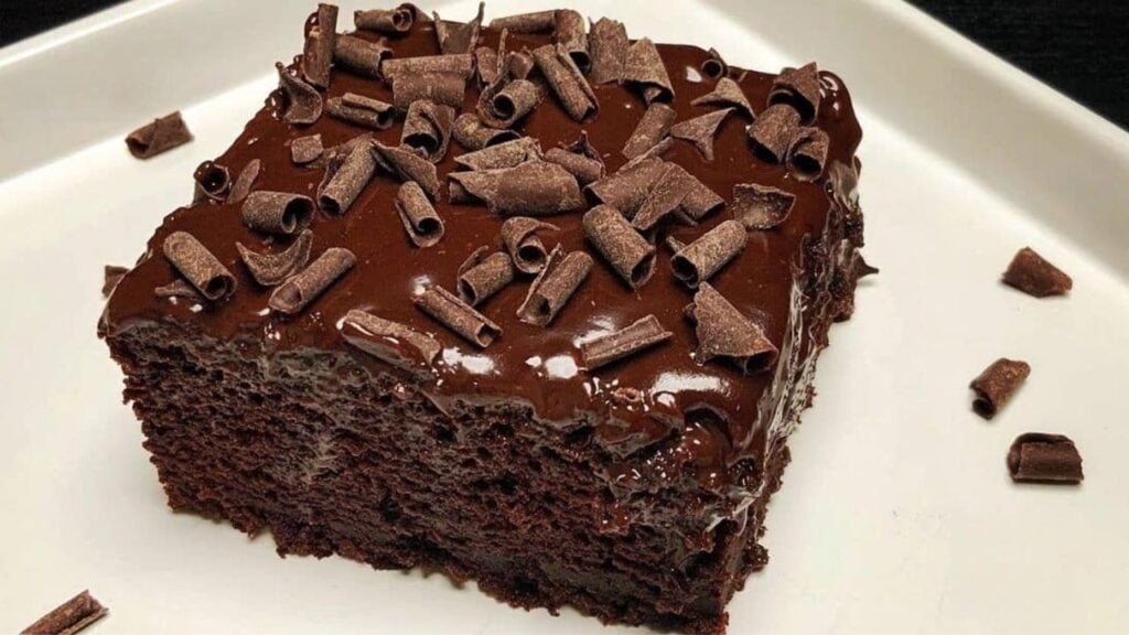 Easy Chocolate Fudge Cake, homemade and freshly served