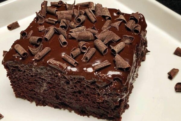 Easy Chocolate Fudge Cake, homemade and freshly served