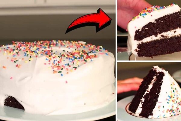 Easy Chocolate Cake w/ Marshmallow Frosting, homemade and freshly served
