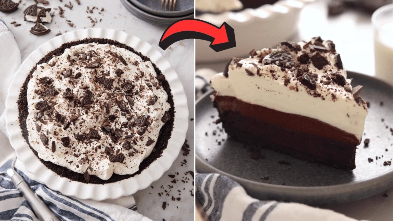 Easy chocolate mud pie sliced to show an Oreo crust, brownie layer, chocolate pudding and whipped cream