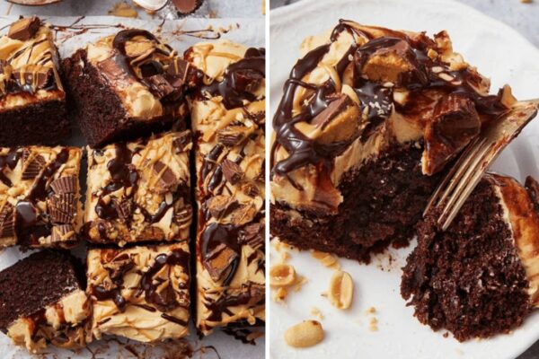 Crowd-Pleaser Chocolate Peanut Butter Cake, homemade and freshly served