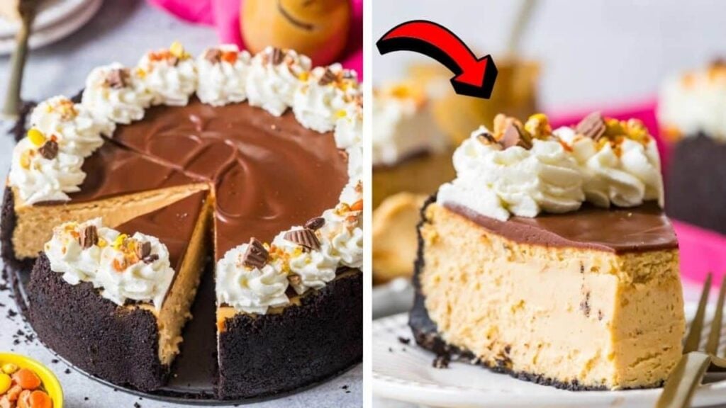 Easy Chocolate Peanut Butter Cheesecake, homemade and freshly served