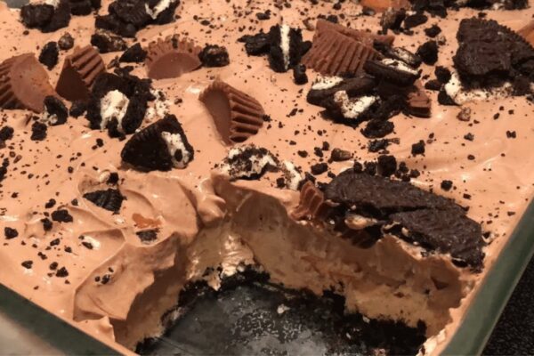 Easy No-Bake Chocolate Peanut Butter Dessert, homemade and freshly served