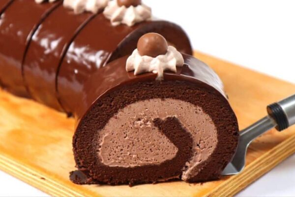 Easy Chocolate Swiss Roll cake, homemade and freshly served