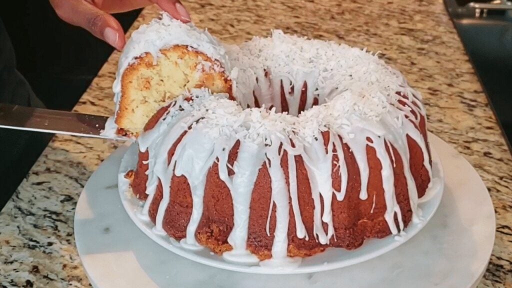 Easy Coconut Cream Cheese Pound Cake, homemade and freshly served