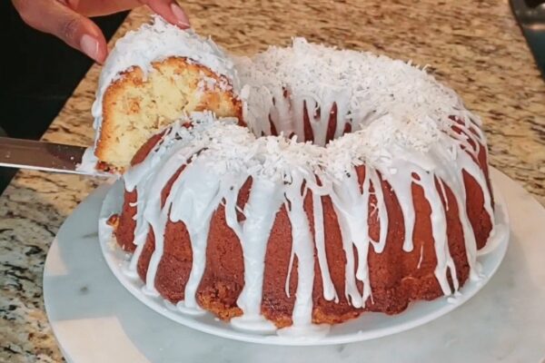 Easy Coconut Cream Cheese Pound Cake, homemade and freshly served