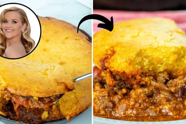 Reese Witherspoon’s Cornbread Chili Pie, homemade and freshly served