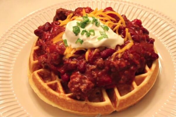 Easy Cornbread Waffle & Chili, homemade and freshly served