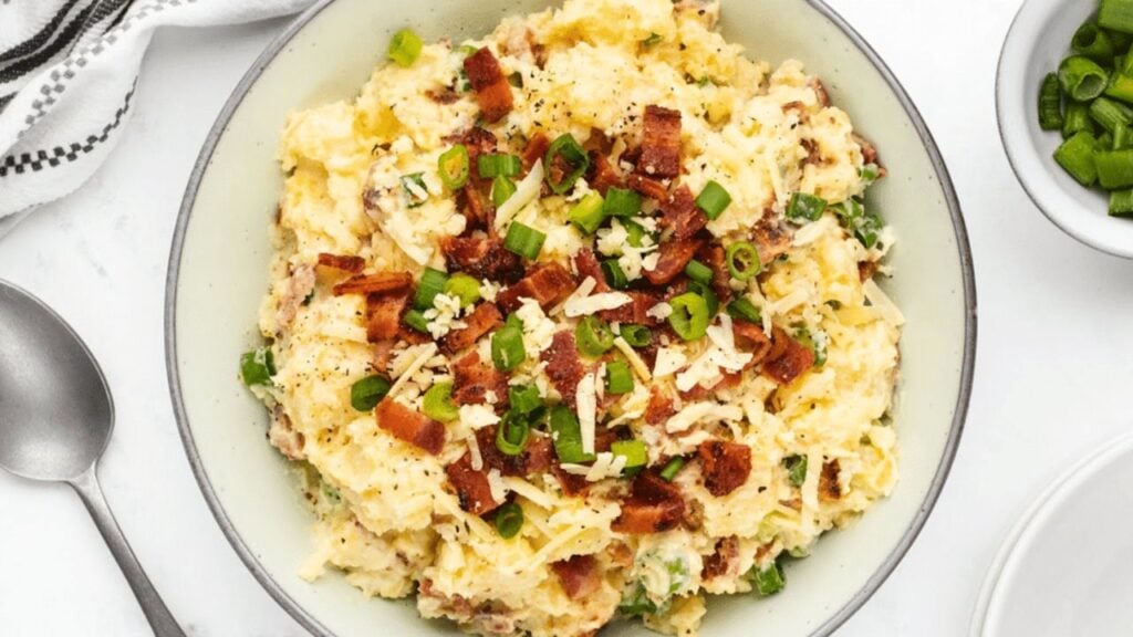 Easy Creamy Baked Potato Salad, homemade and freshly served