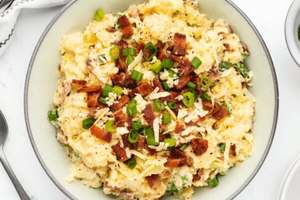Easy Creamy Baked Potato Salad, homemade and freshly served