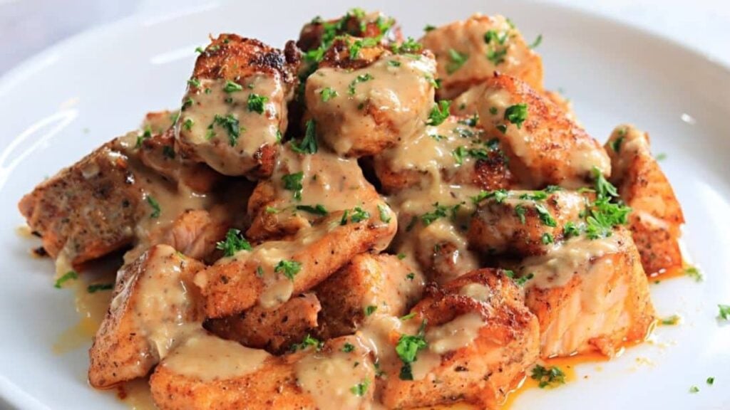 Easy-to-Make Creamy Cajun Butter Salmon Bites, homemade and freshly served
