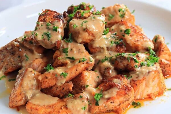 Easy-to-Make Creamy Cajun Butter Salmon Bites, homemade and freshly served
