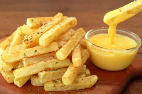 Easy Crispy Potato Fries & Cheese Sauce, homemade and freshly served