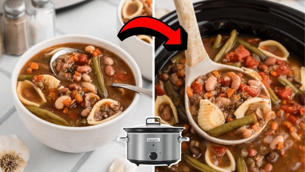 Easy Crockpot 15 Bean Minestrone Soup, homemade and freshly served