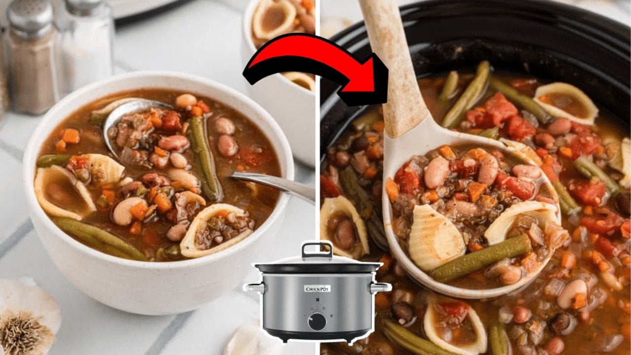 Easy crockpot 15 bean minestrone soup with beans, carrots, celery and pasta shells, a healthy meal, a healthy crockpot recipe