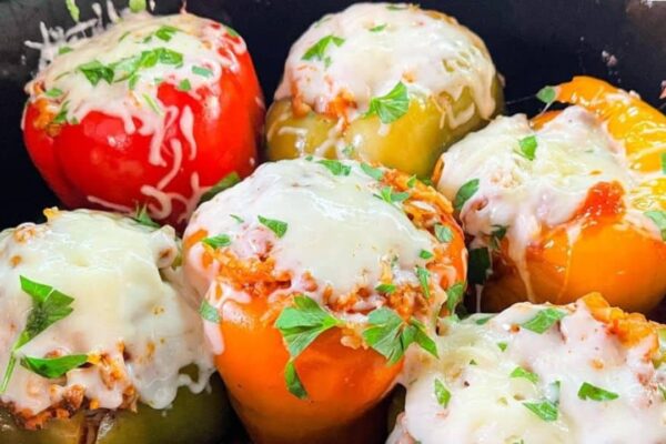 Crockpot Ground Beef & Rice Stuffed Peppers, homemade and freshly served