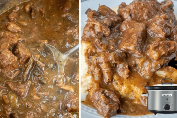 Easy Crockpot Beef Tips & Mushroom Gravy, homemade and freshly served