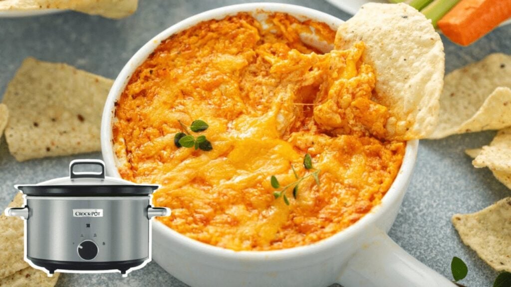 Easy Crockpot Buffalo Chicken Dip, homemade and freshly served