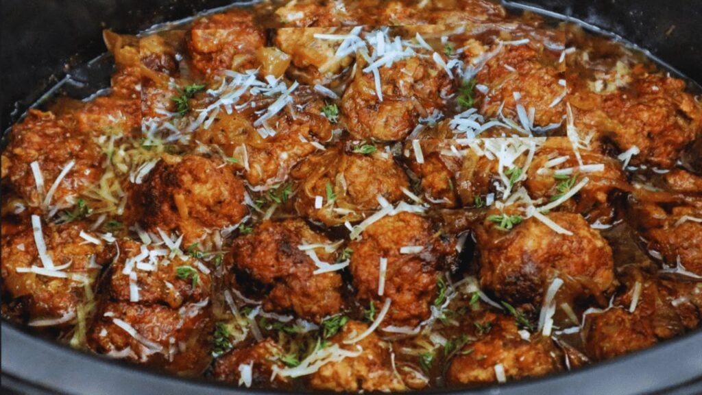 Crockpot French Onion Meatballs, homemade and freshly served