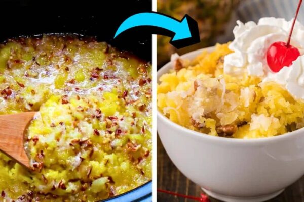 Crockpot Pineapple Coconut Spoon Cake, homemade and freshly served
