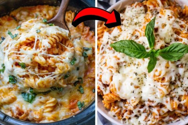 Easy Crockpot Pizza Casserole, homemade and freshly served