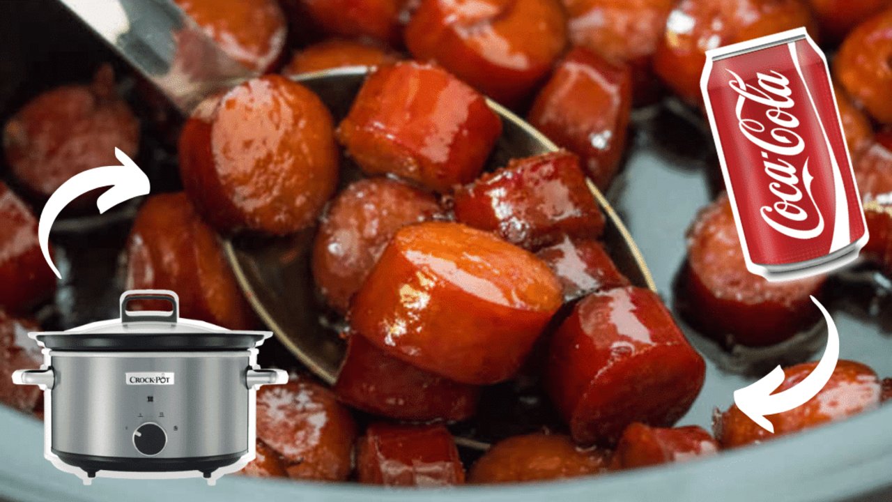 Crockpot Brown Sugar Sausage Bites Recipe Crockpot brown sugar sausage bites party appetizer, glazed and glossy, served with toothpicks in a dish